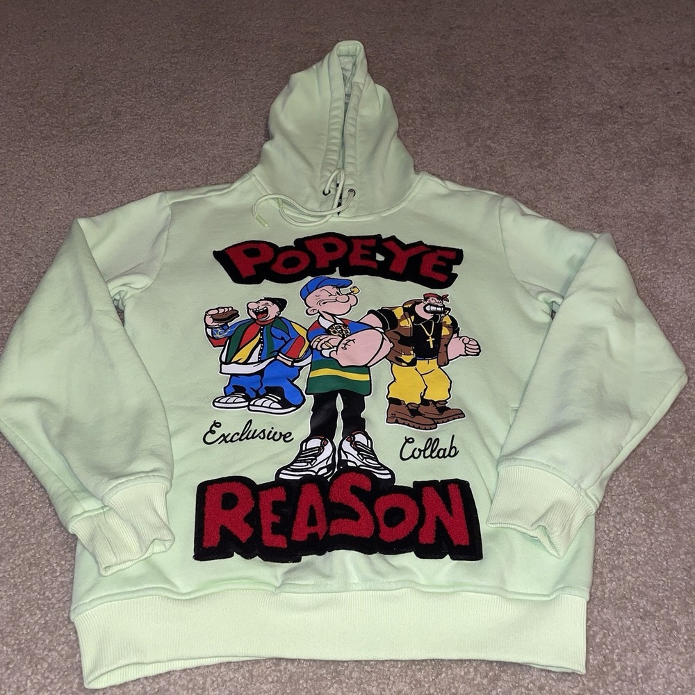 Reason Clothing x‎ Popeye Exclusive Collab Mint Green Hoodie Mens Med Chenille